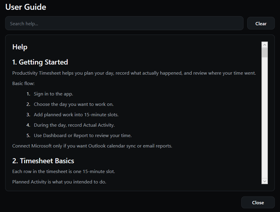 Productivity Timesheet built-in searchable User Guide panel