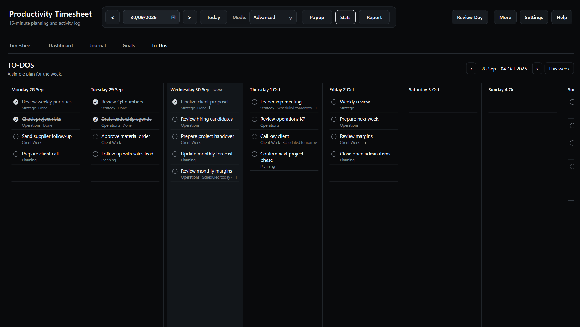 Productivity Timesheet To-Do workspace showing a weekly view with tasks across Monday through Friday