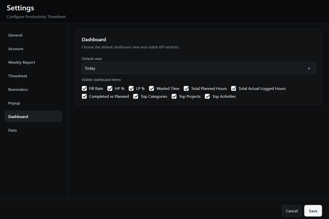 Productivity Timesheet dashboard settings with default view and visible KPI checkboxes