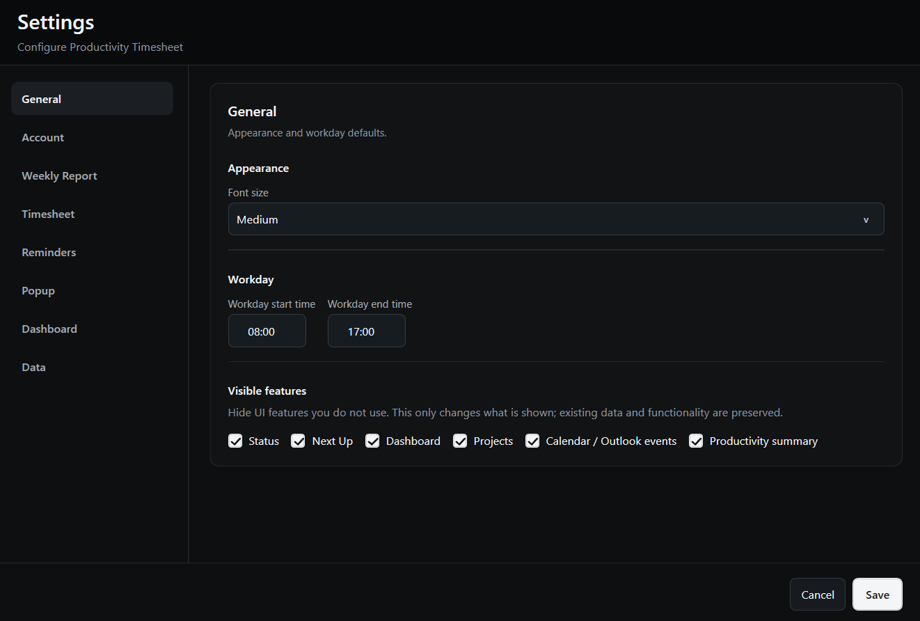 Productivity Timesheet General settings showing workday hours and visible feature toggles