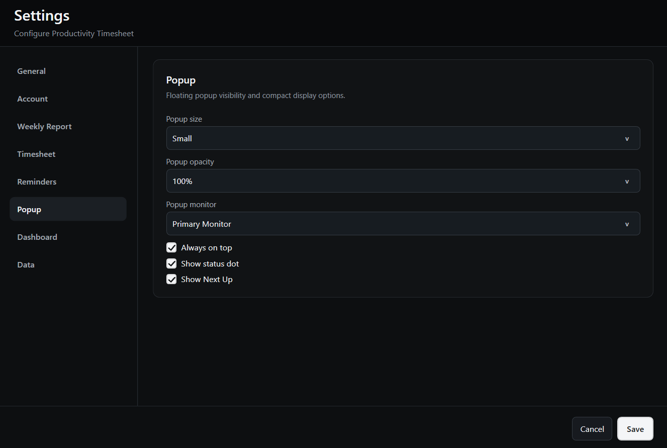 Productivity Timesheet popup settings with size, opacity, monitor and display toggles