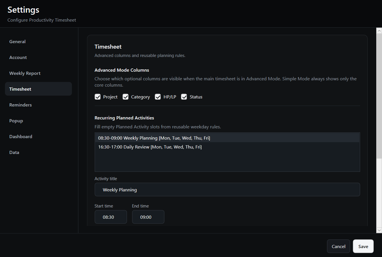 Productivity Timesheet settings showing Advanced Mode columns and recurring planned activities