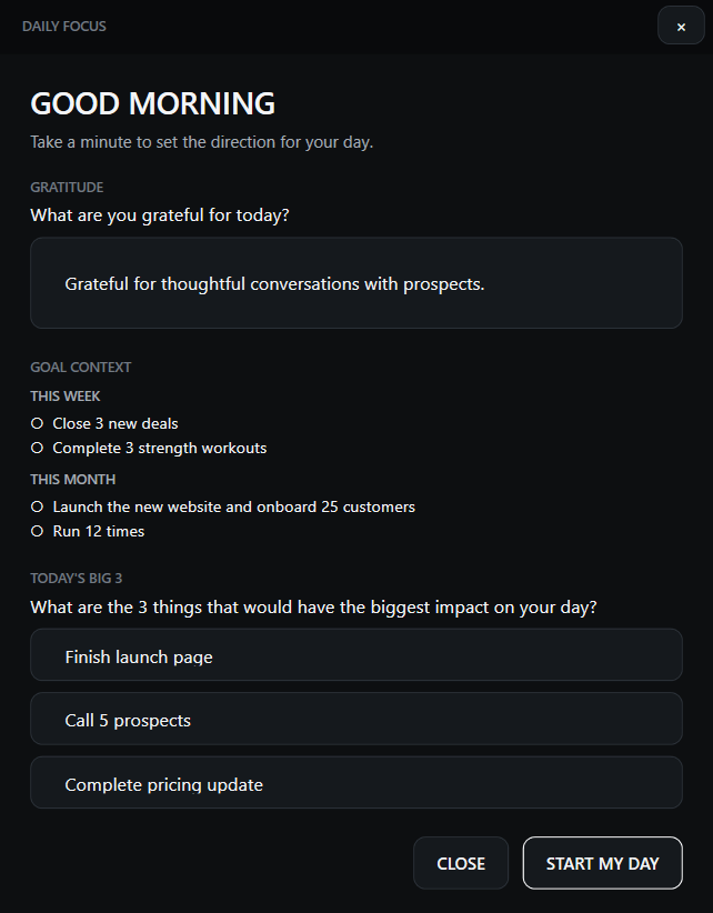 Productivity Timesheet morning focus check-in with gratitude, goal context and Today's Big 3