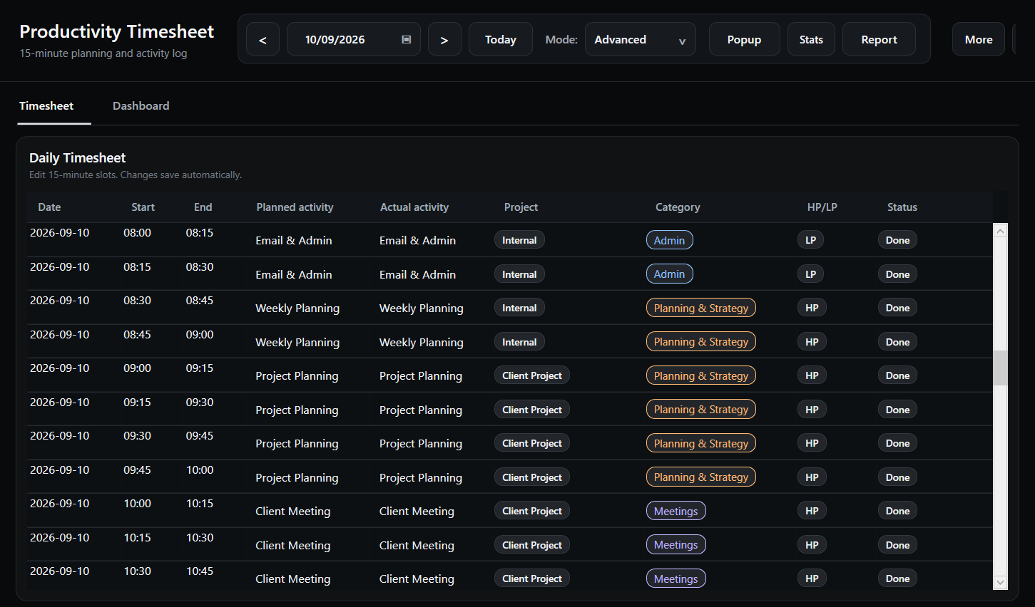 Productivity Timesheet Advanced Mode daily timesheet with Project, Category, HP/LP and Status columns
