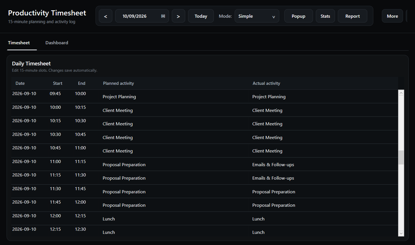 Productivity Timesheet Simple Mode daily timesheet with only Planned Activity and Actual Activity columns