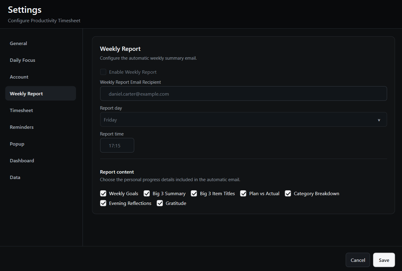 Productivity Timesheet settings for the automatic Weekly Report, including recipient, day, time and report content